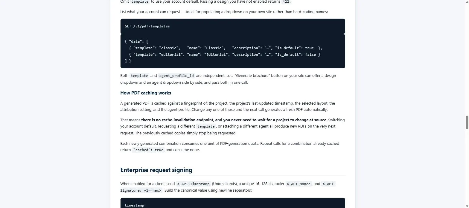 API documentation for PDF templates and enterprise request signing