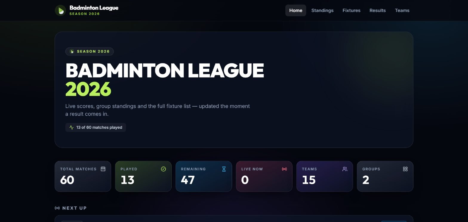Badminton League 2026 home page with the season title and six stat tiles reading 60 total matches, 13 played, 47 remaining, 0 live now, 15 teams and 2 groups