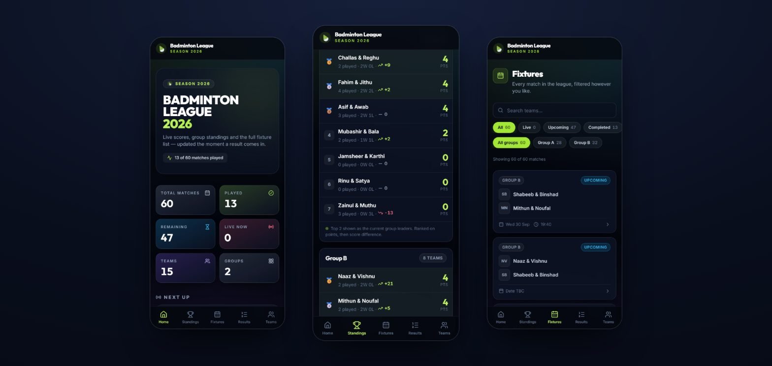 Three phone screens showing the home page stat tiles, the group standings as stacked cards, and the filterable fixtures list, each with a bottom tab bar