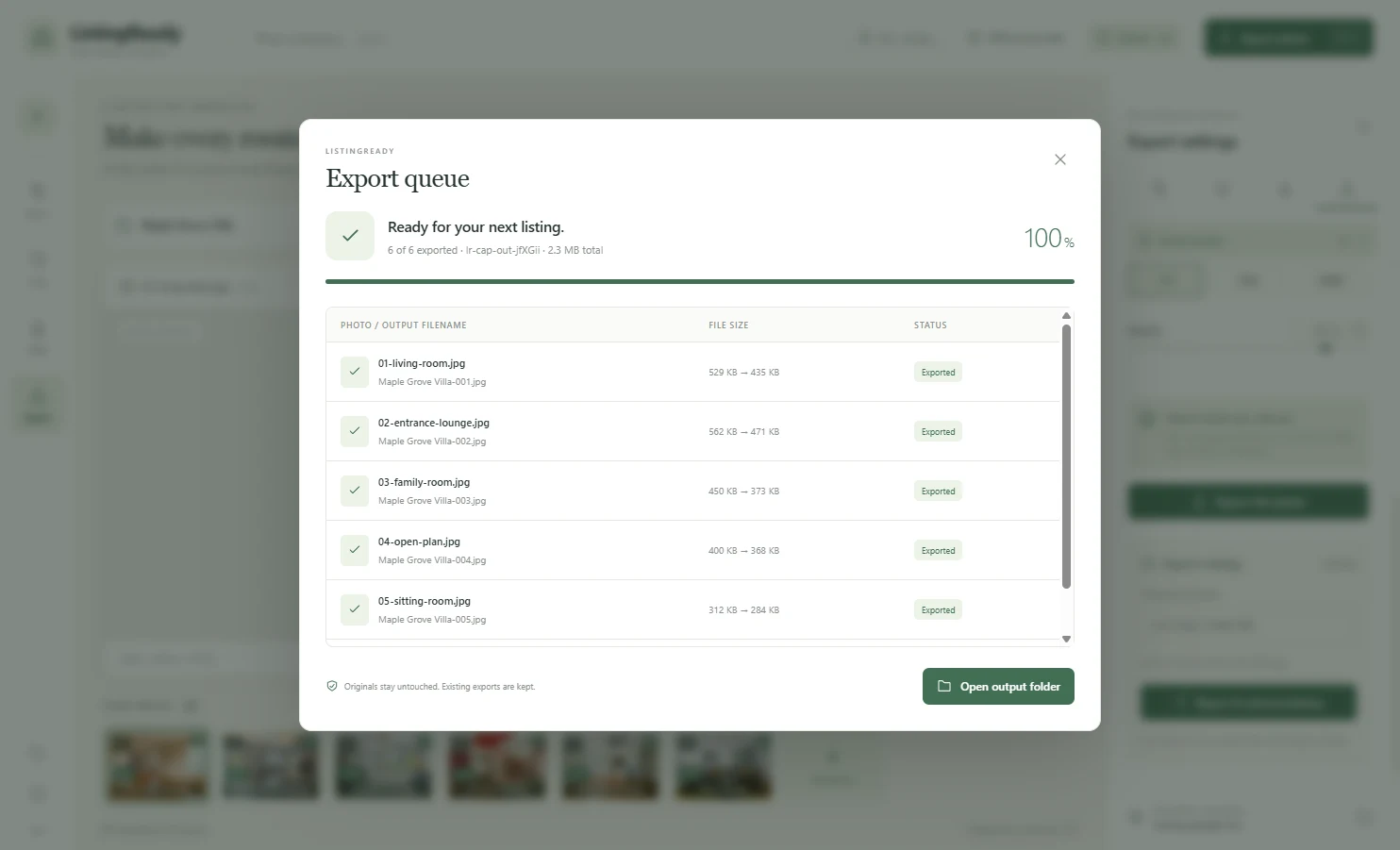 Batch export queue with progress and per-file status