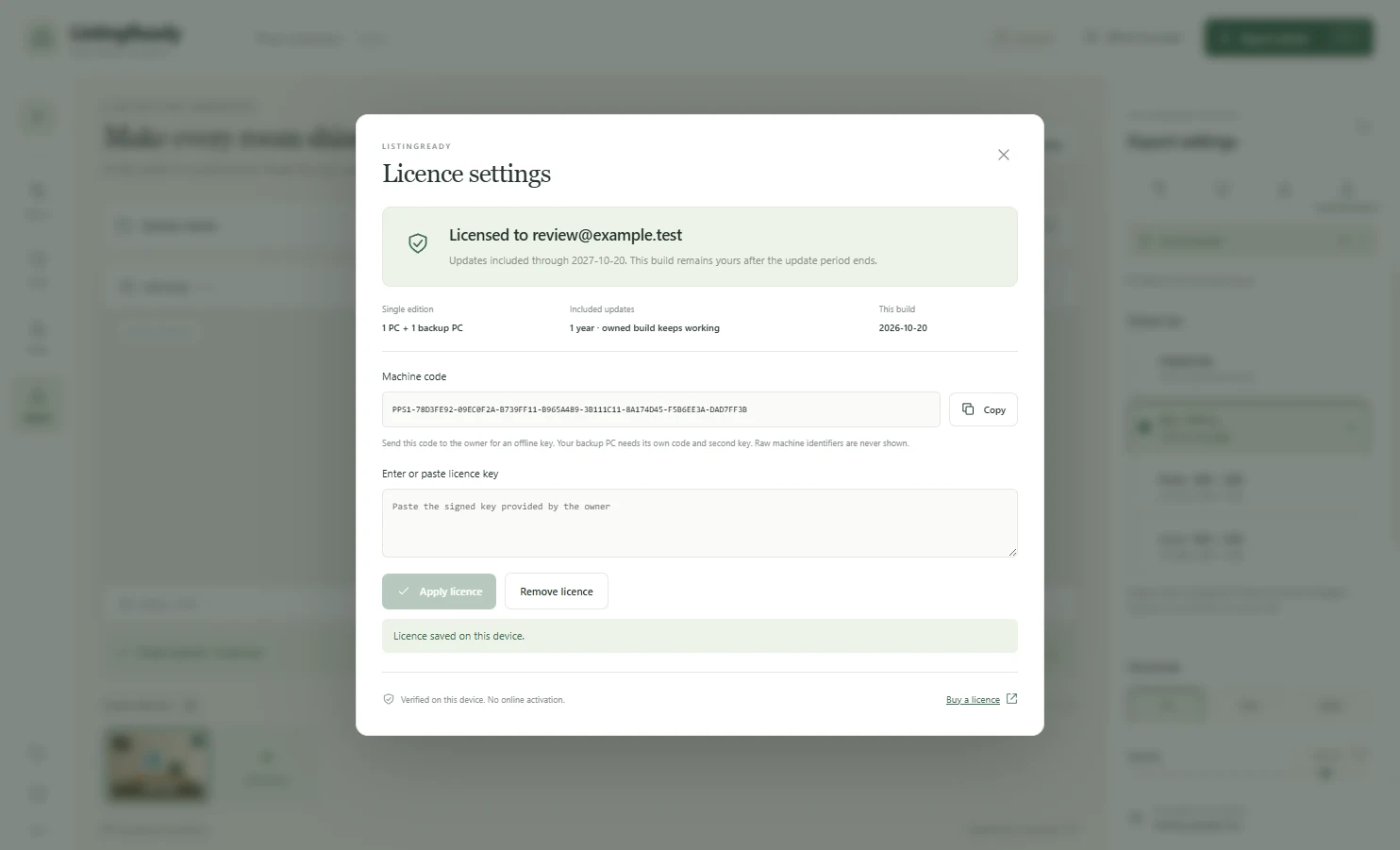 Licence settings showing a licensed status