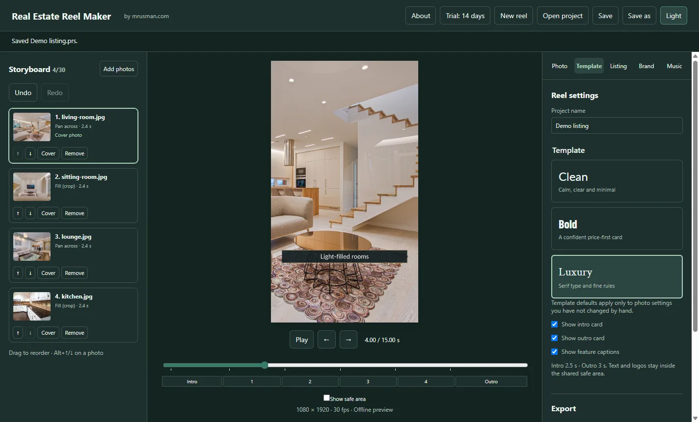 The Luxury template in dark mode