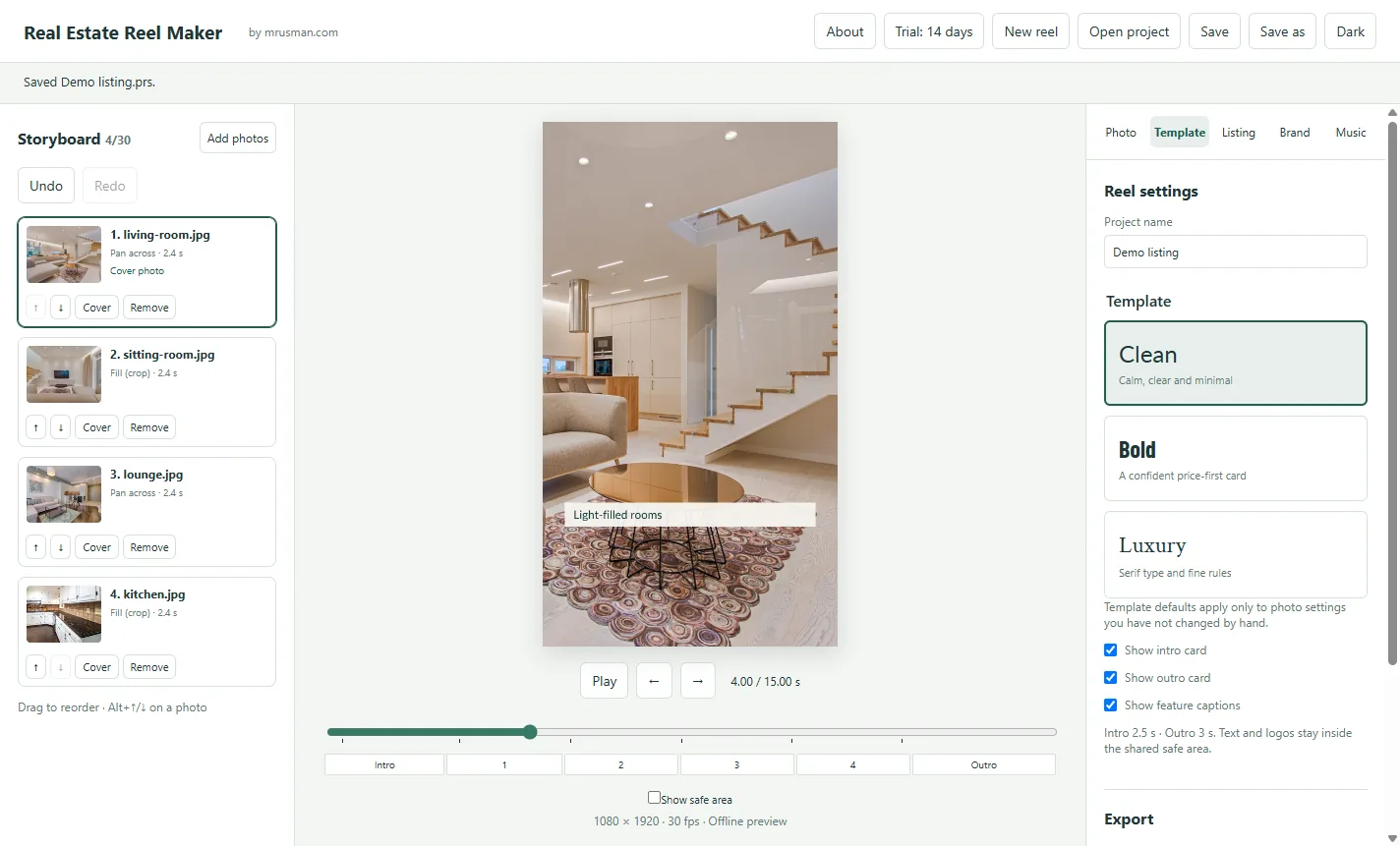 Real Estate Reel Maker with the storyboard, a 9:16 preview and the template settings